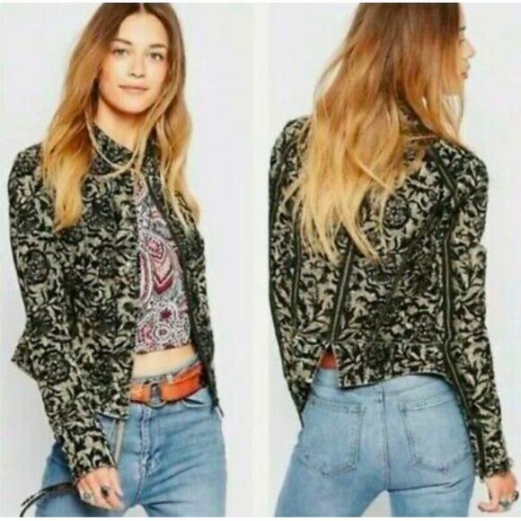 Free People Follow the Flock velvet burnout moto jacket olive and black size 2 - Picture 2 of 12